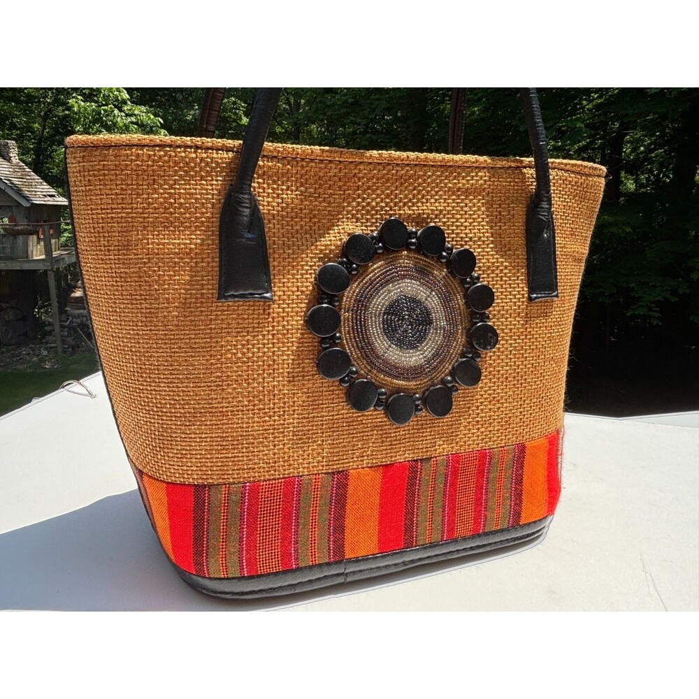 Kenyan Artisan‎ Jute Hand Bag Purse Tote Zippered Hand Made Natural Fiber Beaded - Picture 7 of 16